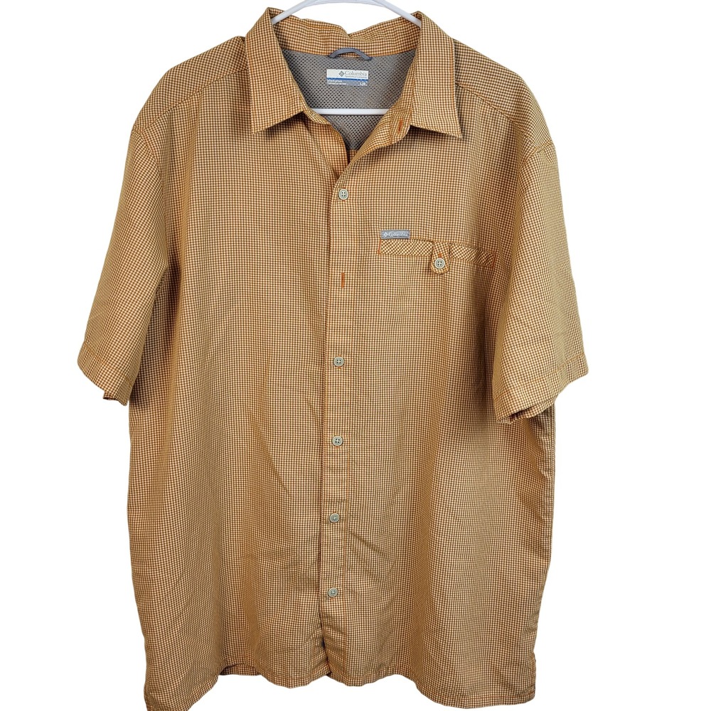Columbia Mens Fishing Shirt Large Orange Check Vented Short Sleeve Button Up